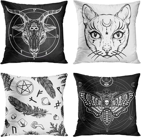 Britimes Throw Pillow Covers 18x18 Inches Home Decor Set of 4 Pillow Cases Decorative for Bed Sofa Cushion Couch Outdoor Capricorn Cat Feather Moth Gothic Pillowcases (Black and White) ¢‚¬¦