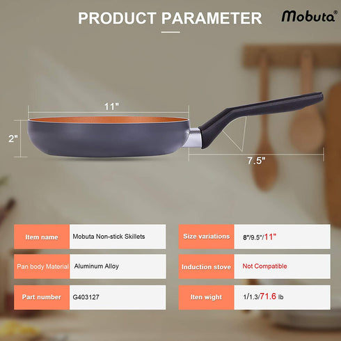 MOBUTA 11 Inch Nonstick Frying Pan,Copper Cooking Skillet with Ceramic Coating, Induction Incompatible, 100% PFOA Free
