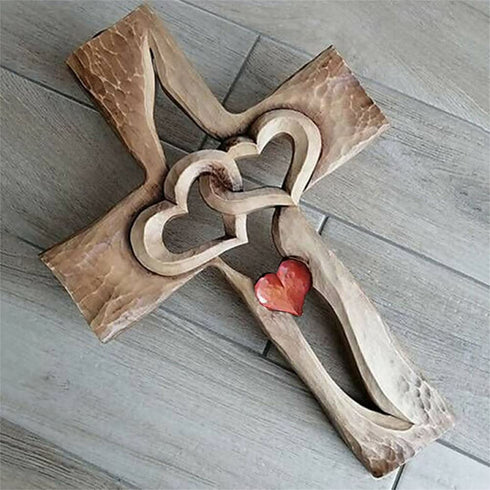 YunQin Carved Wooden Cross - Intertwined Hearts, Wooden Love Cross, Wall Hanging Hand Carved Wood Cross for Home Living Room Decor