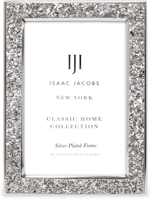 Isaac Jacobs 4x6 Silver Metal Glitter (Vertical & Horizontal) Picture Frame, with Black Fabric Easel, Wall-Mountable, Made for Tabletop, Counterspace, Shelf and Desk (4x6, Silver Glitter)