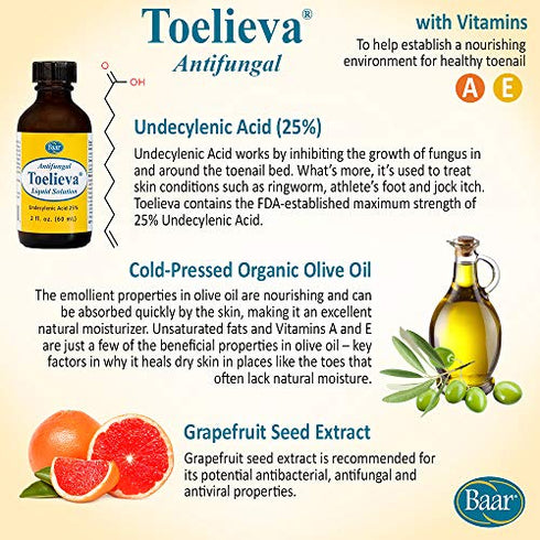 Baar Products - Toelieva Antifungal Liquid Solution - 25% Undecylenic Acid, Organic Olive Oil, Grapefruit Seed Extract - Maximum Strength - Fights Fungus Under & Around Toenails - 2 oz