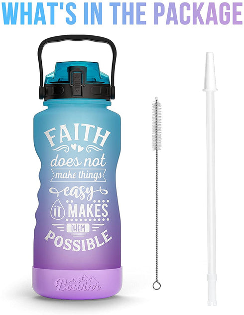BOWINR Faith Does Not Make Things Easy It Makes Them Possible Half Gallon Water Bottle with Straw Time Marker 72 Oz BPA Free Large Leakproof Motivational Jug for Sports Fitness Outdoor Adult and Teen