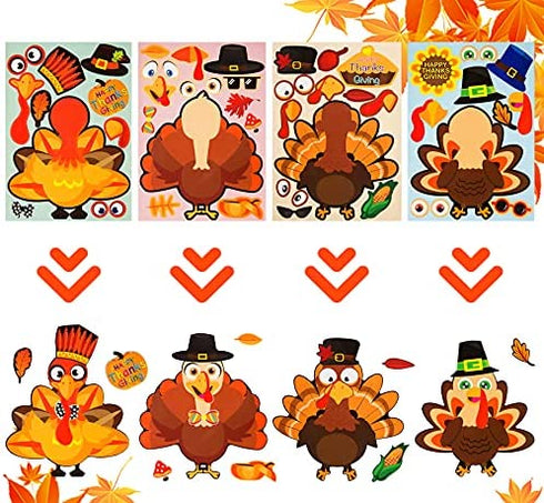 Thanksgiving Stickers, Thanksgiving Crafts for Kids Thanksgiving Games Make Your Own Turkey Stickers for Kids DIY Turkey Games Thanksgiving Party Favors Supplies Prizes Creative Scrapbooks - 24 Sheets
