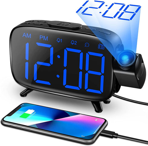 Digital Alarm Clock, AKKIGL Alarm Clocks for Bedrooms with FM Radio and USB Charger, Projection Alarm Clock with Dual Alarms, 7 Sounds, Snooze, Dimmable Large LED Display Clock for Kids Teens Adults
