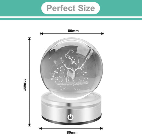 MerryNine Childlike Elk Motif Crystal Christmas Deer Ball, 80mm 3D Planets Glass Ball with LED Lamp Base for Home Decoration and Christmas Memorial Wedding Gifts