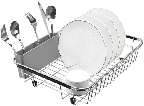 SANNO Over The Sink Expandable Dish Drying Rack, Dish Drainer,Dish Rack Dish Drainer Rack Plate Holder Basket in Sink or On Counter with Utensil Silverware Storage Holder, Rustproof Stainless Steel