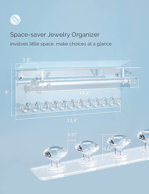 Acrylic Necklace Holder with Shelf, 12 Diamond Shape Hooks and Removable Bracelet Rod, Wall Mounted Jewelry Organizer Hanging Necklace Organizer Wall Jewelry Rack