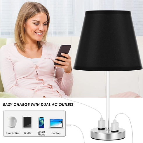 Innqoo Touch Control Table Lamp - Modern Black Nightstand Lamp with 2 AC Outlets, 3 Way Dimmable Small Bedside Lamp for Night Table Side Table End Table Coffee Table, Daylight LED Bulb Included