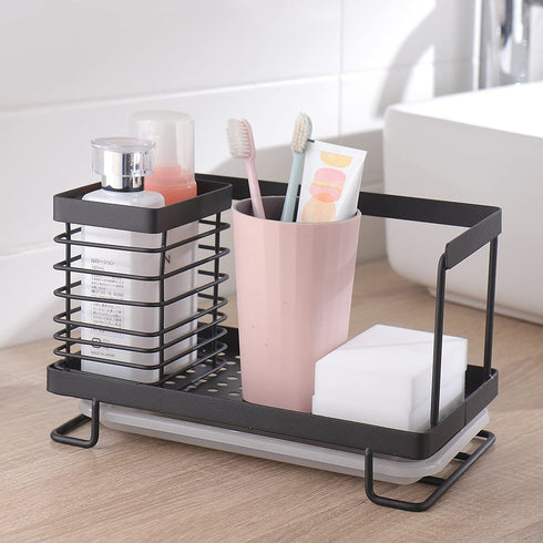 ORZ Sink Caddy Organizer Countertop, Holder for Sponge Brush Soap Dish Dishcloth with Drain Pan Stainless Steel for Kitchen Black¦