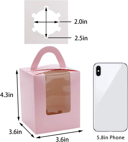 Cupcake Boxes Carriers, EUSOAR 50pcs Pink Single Individual Cupcake Boxes Holders Containers, Portable Paper Muffin Gift Boxes with Window Inserts Handle, for Wedding Birthday Party Treats Boxes