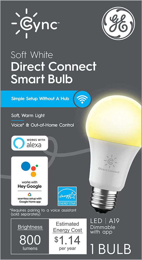 GE CYNC Smart LED Light Bulb, Soft White, Bluetooth and Wi-Fi Enabled, Alexa and Google Assistant Compatible (1 Pack), Packaging May Vary