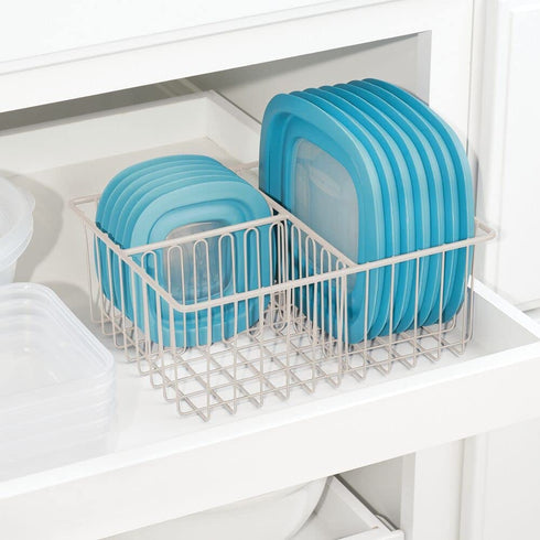 mDesign Metal Kitchen Food Storage Container Lid Holder, 3-Compartment Organizer Bin for Organization in Kitchen Cabinets, Cupboards, Pantry Shelves, Drawers - 2 Pack - Cream/Beige