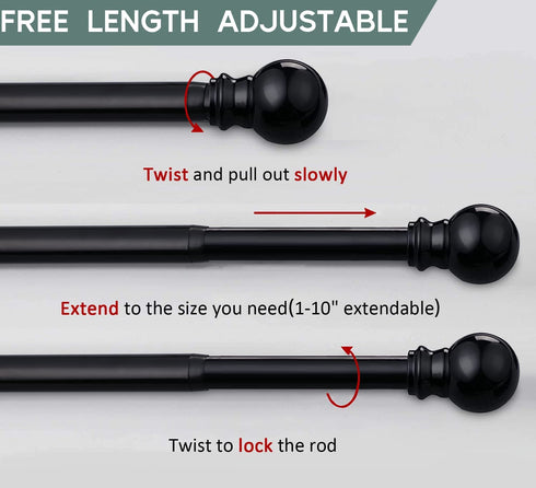 1 Inch Adjustable Curtain Rod Set-Black Curtain Rods for Windows 34 to 68"- Sturdy Single Drapery Rod for Sliding Door, Bedroom, Kitchen,Living Room (With 2 Brackets)