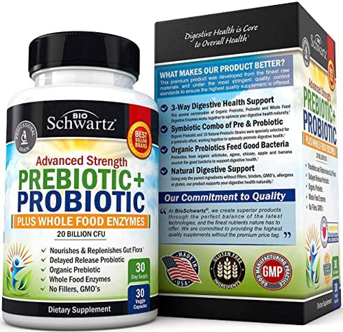 Prebiotics and Probiotic with Whole Food Enzymes for Adults Women & Men - Probiotics Lactobacillus Acidophilus - Digestive Health Capsules Shelf Stable Supplement - Non-GMO Gluten & Dairy Free - 30ct
