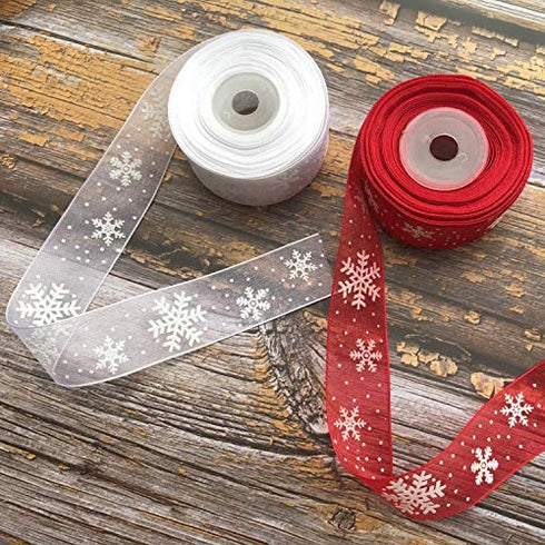 2 Rolls Christmas Ribbons, 1 Inch by 10 Yard Snowflake Organza Spool for Christmas Tree Gifts Box Decoration