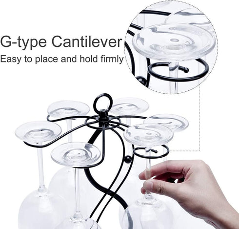 Countertop Wine Glass Holder - Freestanding Tabletop Stemware Storage Rack Metal Glasses Display Rack Black with 6 Hooks