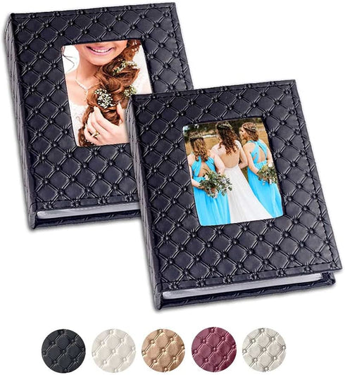 5x7 Photo Album Small 2Pack - Each 26 Clear Pockets Display 52 Pictures. Front Window Leather Cover, Small Photo Album for 5x7 Photos, Drawings or Artwork Storage, Black