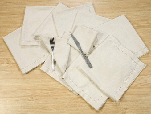 Hausattire Cloth Dinner Napkins in Cotton Flax Fabric with Hemstitched Detailing & Mitered Corners - 20x20 Inches (Set of 12, Natural)
