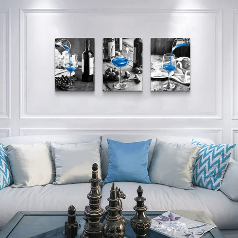 Canvas Wall Art For Kitchen Wall Decor For Dining Room Black And White Wine Glasses Painting Modern Blue Wine Canvas Art Prints Ready To Hang Pictures For Restaurant Home Decorations 12"X16" 3 Pieces