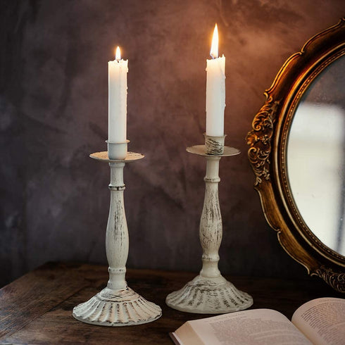 Sziqiqi Candlestick Holders for Taper Candle, Candleholder Display Candle Centerpiece Set of 2 Distressed Ivory