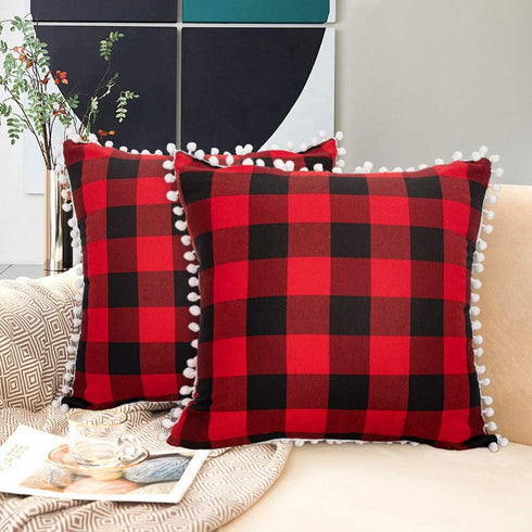 Red and Black Checked Pillow Covers 18x18 Inch Pack of 2 Plaid Cotton Linen Decorative Throw Pillow Cases with Pom-poms Rustic Party Decor Plaid Square Pillow Cover Christmas Decor