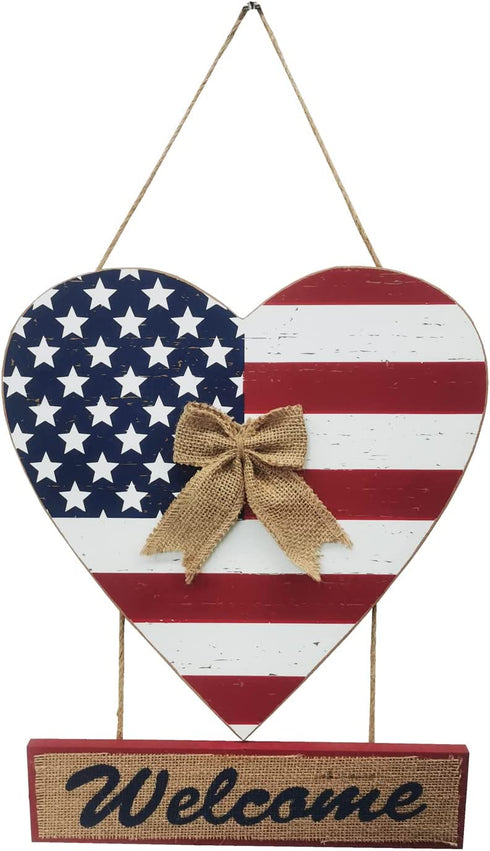 T&Garice Wooden Hanging Heart Welcome Sign, Patriotic Welcome Sign for Front Door Wreath 4th of July Independence Day Memorial Day Indoor Outdoor Wall Decoration