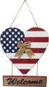 T&Garice Wooden Hanging Heart Welcome Sign, Patriotic Welcome Sign for Front Door Wreath 4th of July Independence Day Memorial Day Indoor Outdoor Wall Decoration