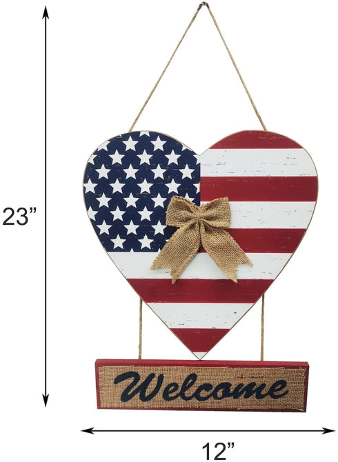T&Garice Wooden Hanging Heart Welcome Sign, Patriotic Welcome Sign for Front Door Wreath 4th of July Independence Day Memorial Day Indoor Outdoor Wall Decoration