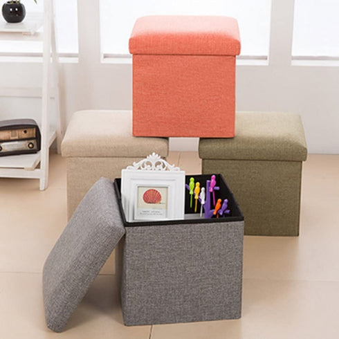 NISUNS OT01 Linen Folding Storage Ottoman Cube Footrest Seat, 12 X 12 X 12 Inches (Linen Orange)
