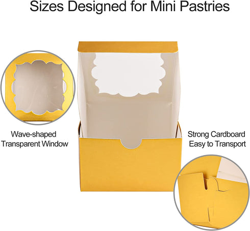 NPLUX 50 Pack Bakery Boxes with Window 4x4x2.5 inches Treat Boxes Mini Cupcake Boxes?Gold?