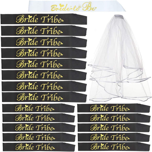 20 Pack Bachelorette Party Sash and Veil Set: 1 Bride to be sash,18 Bride Tribe Sashes,1 Comb Veil, Team Bride Sash kit for Bridesmaid, Engagement, Hen Parties & Bridal Sho(Black,19 Sash with 1 Veil)