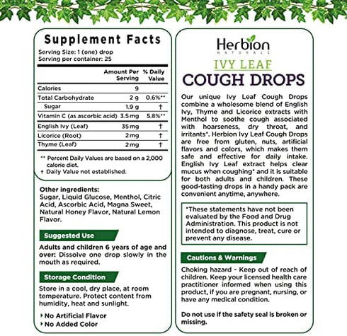 Herbion Naturals Ivy Leaf Cough Drops, Natural Honey Lemon Flavor, Dietary Supplement, for Adults and Children Over 6 Years, 25 Drops