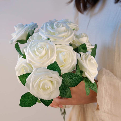 Mocoosy 50Pcs Artificial Flowers Rose, Ivory White Fake Roses for Decorations, Real Looking Foam Rose Bulk with Stems for DIY Wedding Bouquets Centerpieces Floral Arrangements Mothers Day Party Home Decor