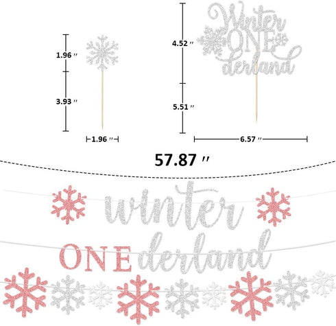 Winter Onederland Birthday Decorations, Girls Birthday Party Decoration, Banner, Cake Toppers, Pink Silver Snowflake Balloons Garland for Winter Wonderland Shower Winter First Birthday Party Supplies