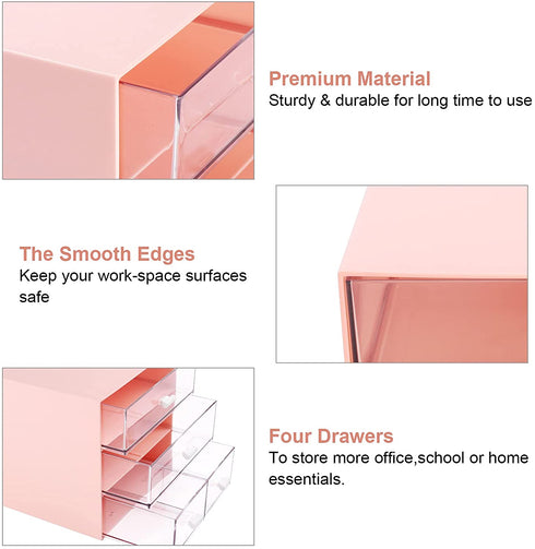 Comix Desk Organizer with Drawer, Desk Storage Box with 4 drawers, Plastic Office Stationery Supplies Organizers, Desktop Organizer for Office School Home (Pink)
