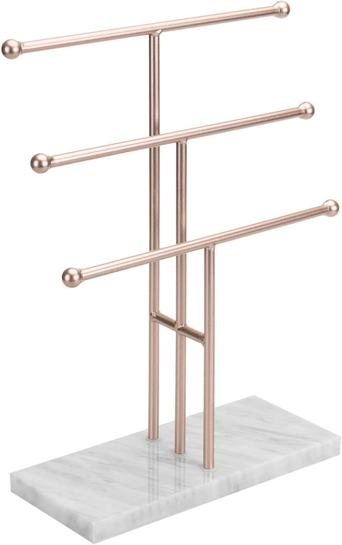 MyGift 3-Tier Rose Gold-Tone Metal Jewelry Stand Organizer, T Bar Necklace and Bracelet Display with Stone Base Ring Tray