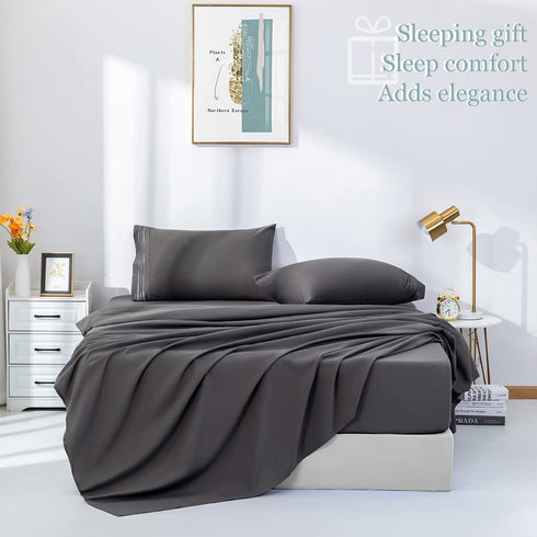 LBRO2M Bed Sheet Set Queen Size 16 Inches Deep Pocket 1800 Thread Count 100% Microfiber Sheet,Bedding Super Soft Comfortable, Cool Warm,4 Piece?Dark Grey?