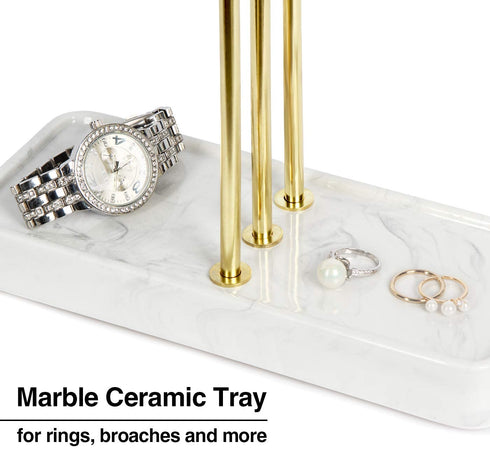 J JACKCUBE DESIGN 3 Tier Gold Metal Jewelry Display Stand Tree Organizer, Holder Rack Hanger Tower for Bracelet Necklace Accessories with Tabletop Earring Ring White Marble Tray Storage- MK516A