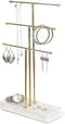 J JACKCUBE DESIGN 3 Tier Gold Metal Jewelry Display Stand Tree Organizer, Holder Rack Hanger Tower for Bracelet Necklace Accessories with Tabletop Earring Ring White Marble Tray Storage- MK516A