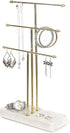 J JACKCUBE DESIGN 3 Tier Gold Metal Jewelry Display Stand Tree Organizer, Holder Rack Hanger Tower for Bracelet Necklace Accessories with Tabletop Earring Ring White Marble Tray Storage- MK516A