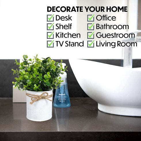LESEN 2 Pack Fake Plants in Galvanized Metal Pots Modern Farmhouse Table Centerpiece Rustic Home Decor, Potted Artificial Eucalyptus Faux Plants for Indoor Shelf Dining Room Office Desk Decoration