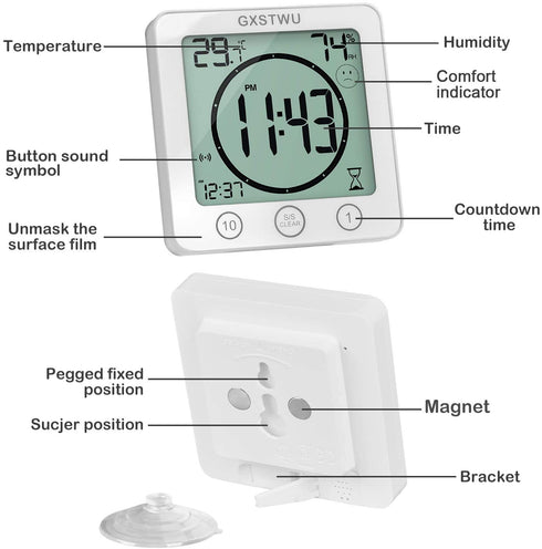 HD Digital Shower Clock with Timer Thermometer Hygrometer?Waterproof for Water Spray? Touch Button Bathroom Kitchen Wall Clock with Magnet, Suction Cup, Hanging Hole, Stand GXSTWU(1pack)