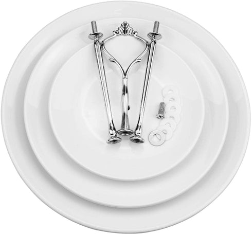 Tebery 2 Pack Ceramic Cake Stand Dessert Display Tower Stand - 6, 8, 10 Inches, 3-Tier Serving Tray Platter Party Food Server Display Holder with Silver Carry Holder