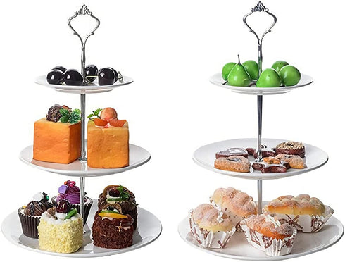 Tebery 2 Pack Ceramic Cake Stand Dessert Display Tower Stand - 6, 8, 10 Inches, 3-Tier Serving Tray Platter Party Food Server Display Holder with Silver Carry Holder
