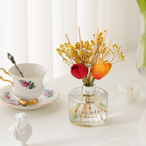 Cocod'or COCODOR Tulip & Preserved Real Flower Reed Diffuser/Floral Bouquet / 6.7oz(200ml) / 1 Pack/Reed Diffuser Set, Oil Diffuser & Reed Diffuser Sticks, Home Decor & Office