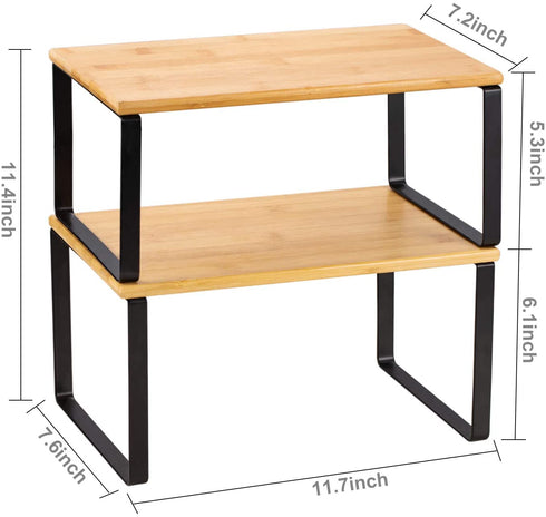 NEX Bamboo Kitchen Cabinet and Counter Shelf Organizer, Stackable & Expandable, Black and Natural