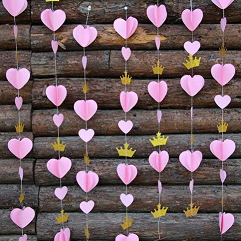 Mybbshower Gold Pink 3D Paper Heart Crown Garland Girl Princess Birthday Party Nursery Room Decor Balloon Tail Pack of 5