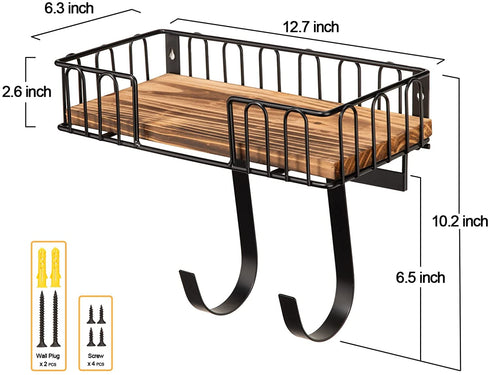 DB Ironing Board Hanger Wall Mount, Ironing and Iron Board Wall Mount with Shelf, Metal Iron Holder Wall Mount with Large Storage Wooden Base Basket & Removable Hooks, Iron Board Hanger Laundry Room