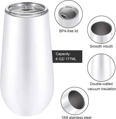 6 Pieces Stemless Champagne Flutes Double-insulated Champagne Tumbler with Lips, 6 OZ Stainless Steel Unbreakable Cocktail Cups for Coffee Wine Glass Tumbler (White)