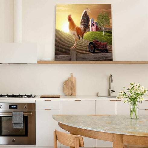 Farm Animal Bathroom Decor Canvas Wall Art Painting,Chicken Cock Rooster Stand on Wood Stake in Farmland Canvas Prints Artwork Home Decor for Living Room, Kitchen, Office, Framed Ready to Hang